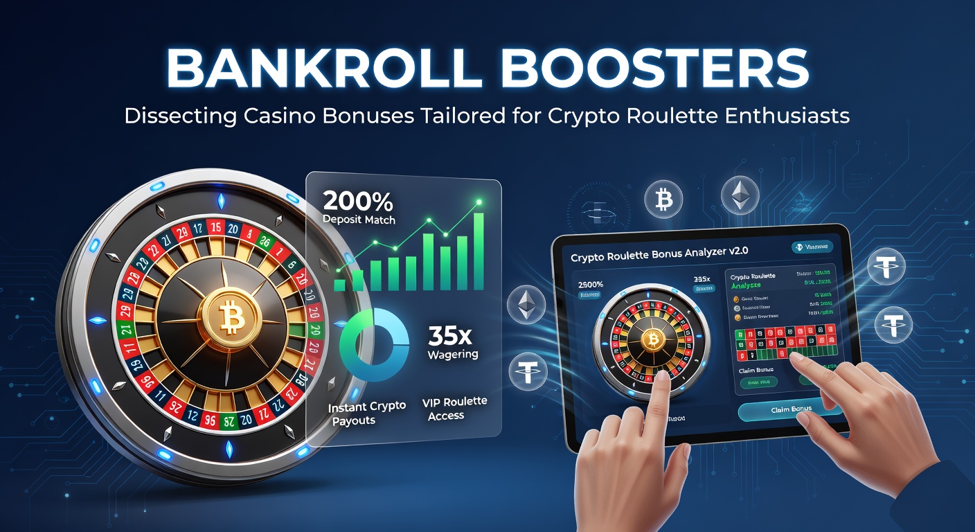 Grafik mit Stapeln von Kryptowährungen und Roulette-Tisch, die Bankroll-Booster-Boni symbolisieren