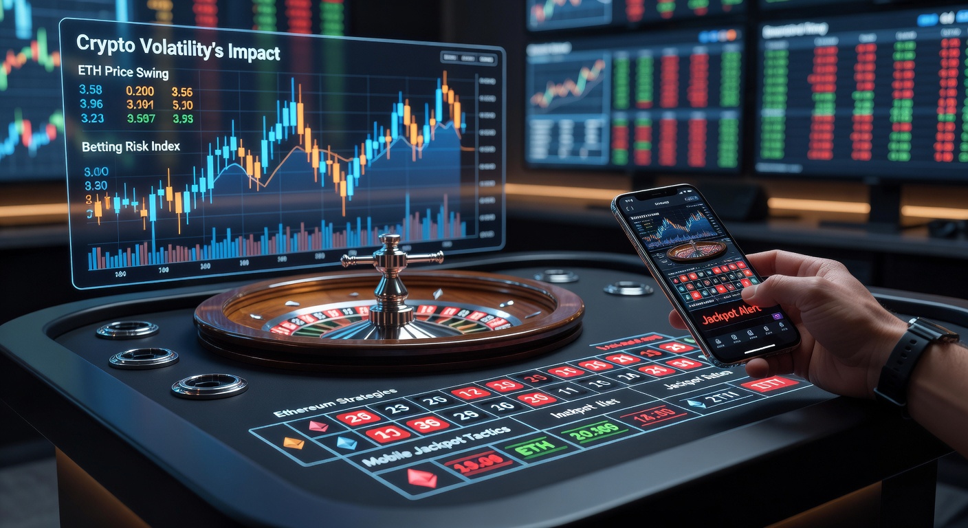 Grafik zeigt schwankende Ethereum-Kurse neben einem Live-Roulette-Tisch, die Volatilität im Glücksspiel visualisiert