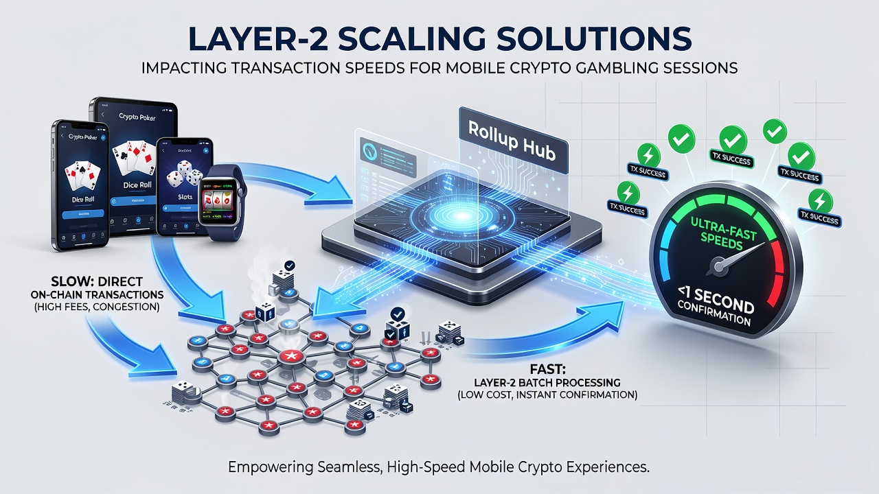 Mobile device displaying fast crypto transactions via Layer-2 networks in a gambling app interface