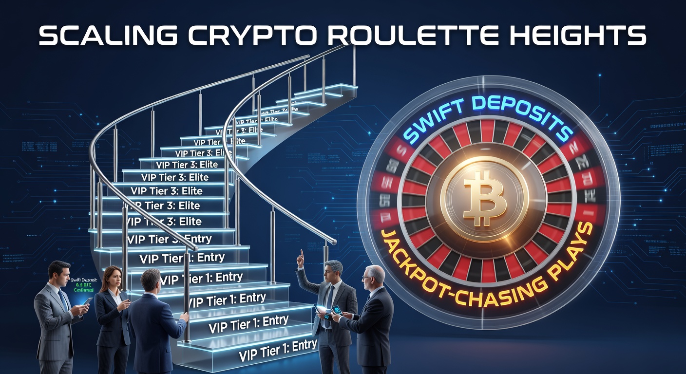 Crypto-Roulette-Spieler steigt VIP-Stufen mit Bitcoin und Ethereum, umgeben von Jackpot-Symbolen und schnellen Transaktions-Icons