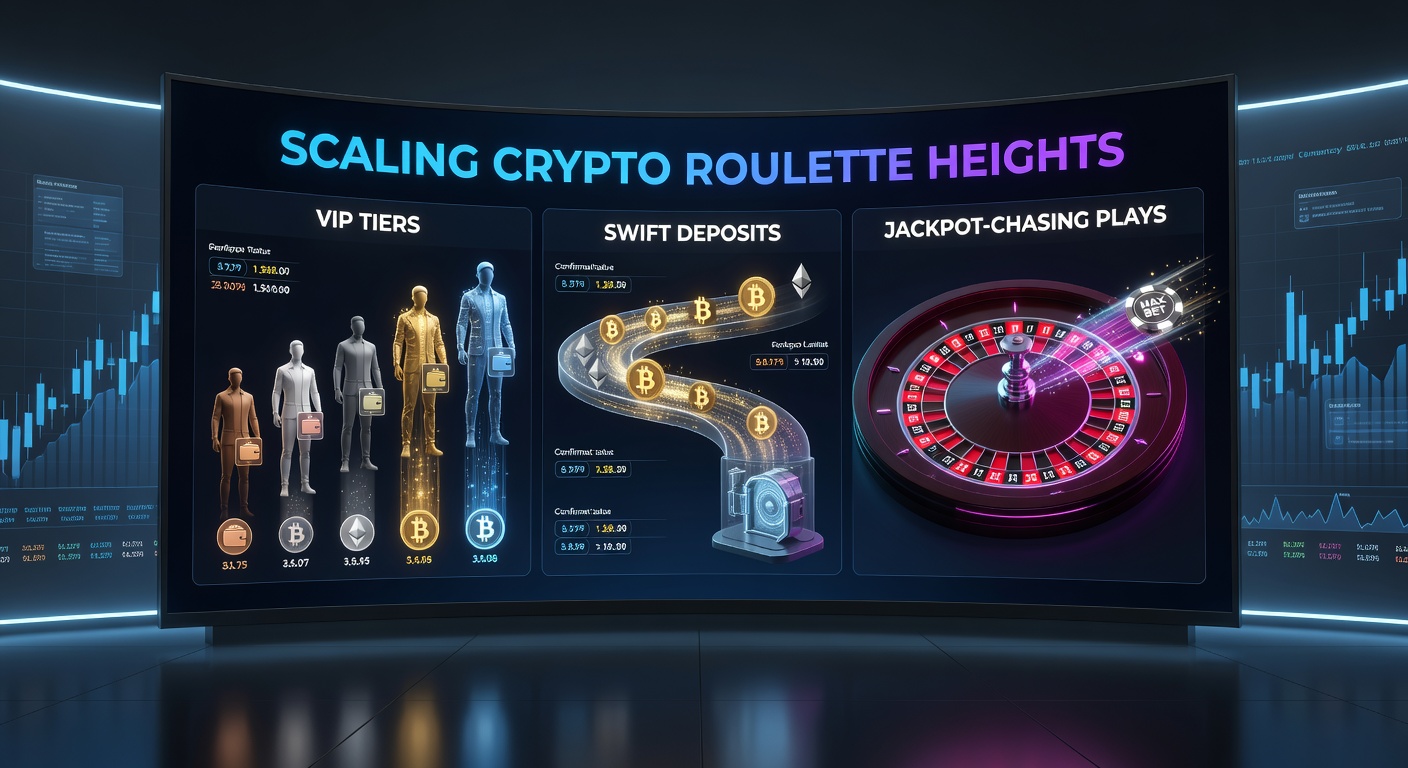 Detaillierte Darstellung eines Jackpot-Roulette-Rades mit Krypto-Symbolen, VIP-Trophäen und Blitz-Transaktionspfeilen
