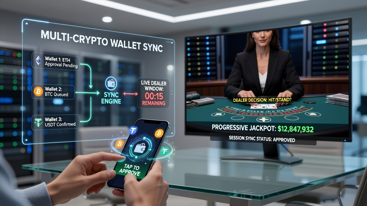Darstellung der Synchronisation von Krypto-Wallet-Bestätigungen mit Live-Dealer-Entscheidungsfenstern in progressiven Jackpot-Sitzungen