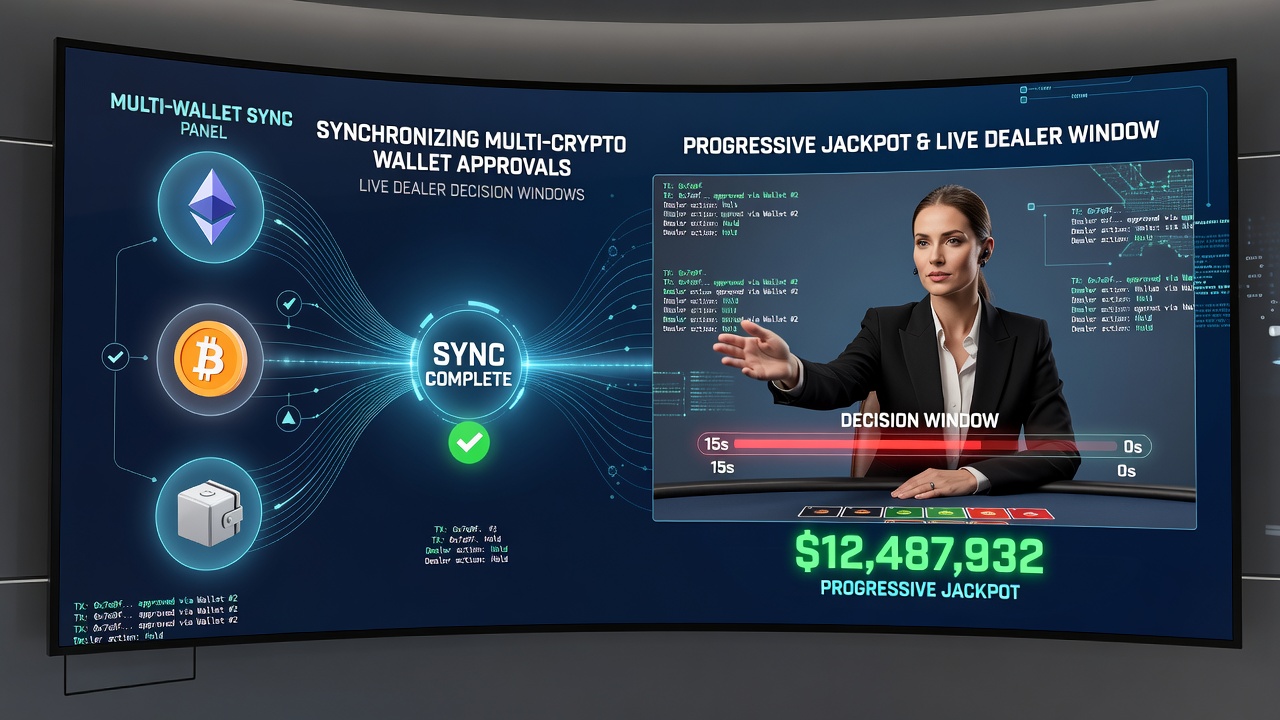 Illustration der Integration von Multi-Crypto-Wallets mit Live-Dealer-Entscheidungsfenstern während einer progressiven Jackpot-Session